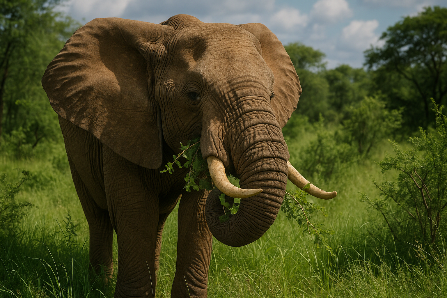 An editorial, high-resolution photograph of a majestic African elephant feeding in the lush, vibrant Hard requirements: photo