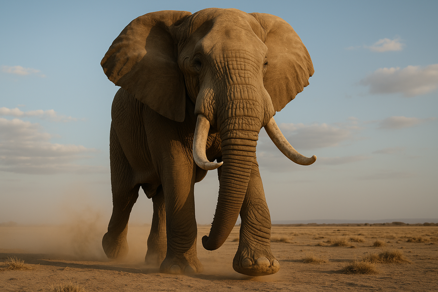 An editorial, low-angle photograph of a magnificent big tusker elephant walking gracefully through the dusty plains Hard requ