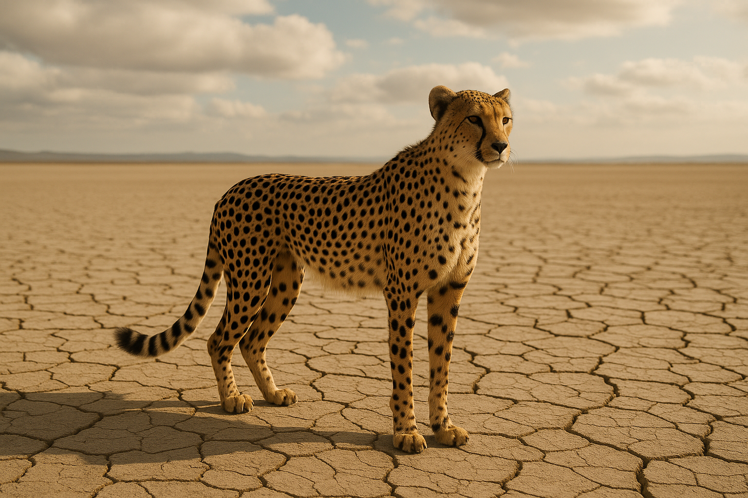 An editorial-style photograph of a solitary, elegant cheetah standing on the vast, cracked Hard requirements: photorealistic,