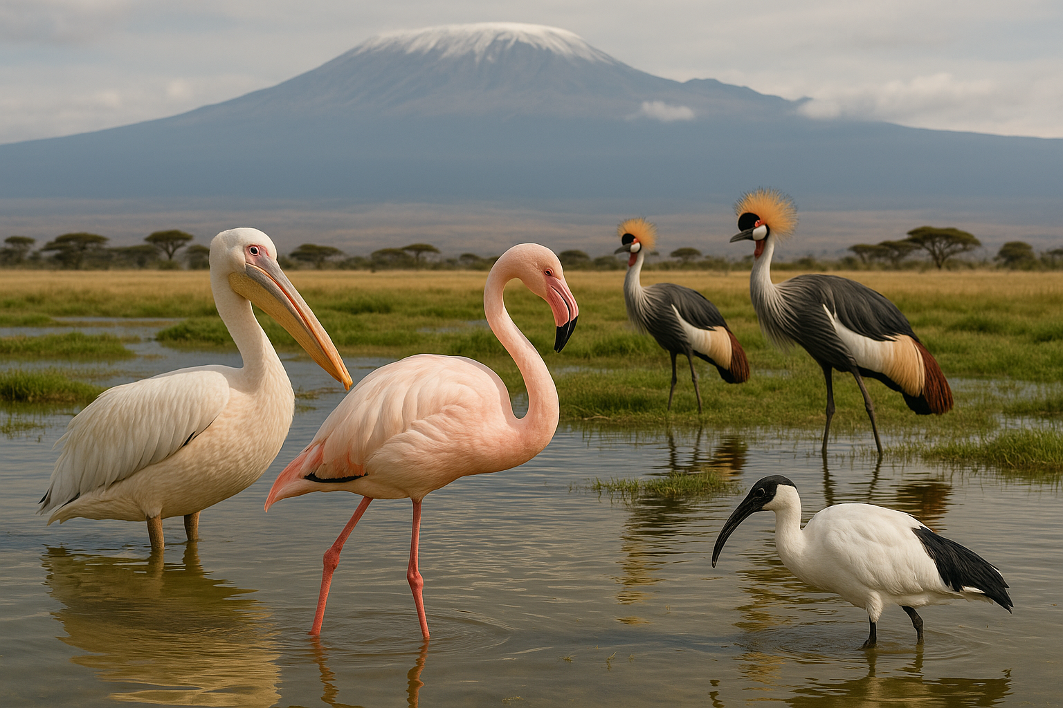 An elegant, high-resolution editorial photograph capturing the vibrant birdlife of Amboseli. In the Hard requirements: photor
