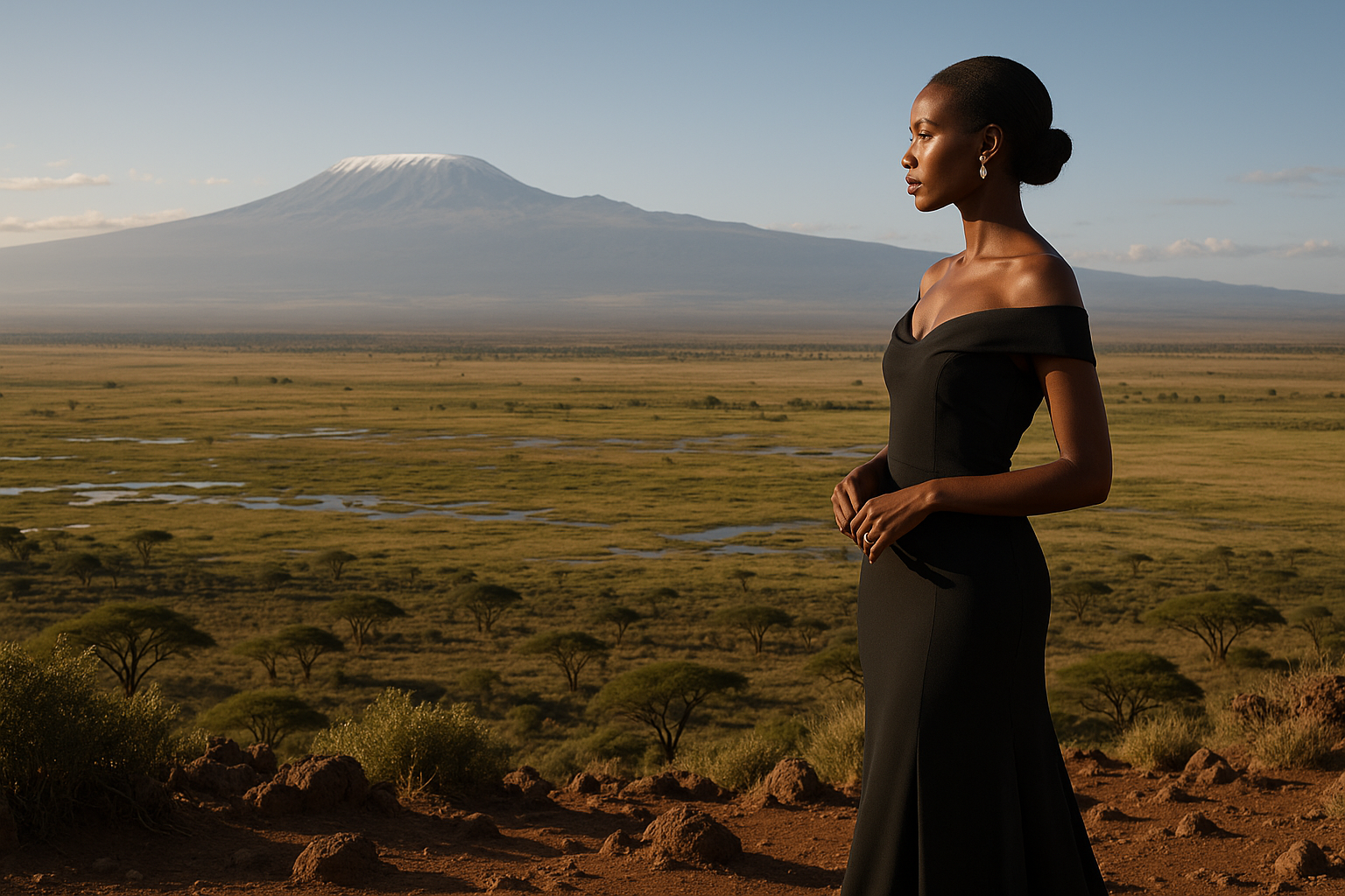 An elegant editorial photograph from the summit of Observation Hill in Amboseli National Park, capturing a Hard requirements: