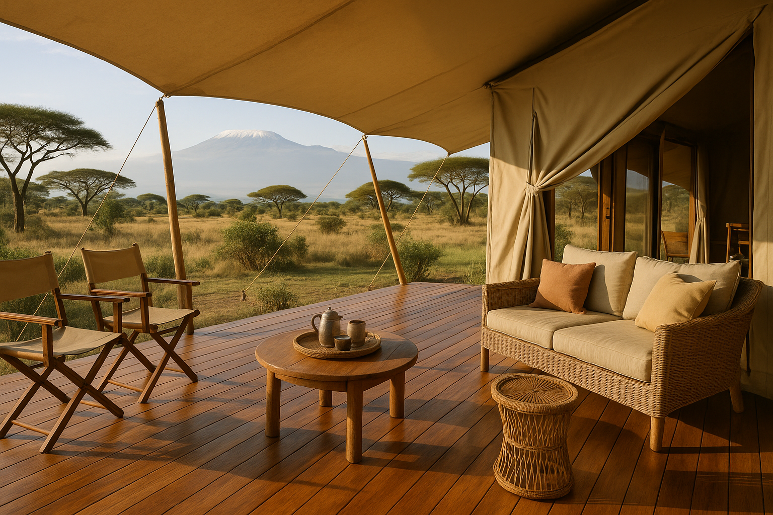 An editorial lifestyle photograph of a luxury safari tent’s polished wooden deck in Amboseli, captured Hard requirements: pho