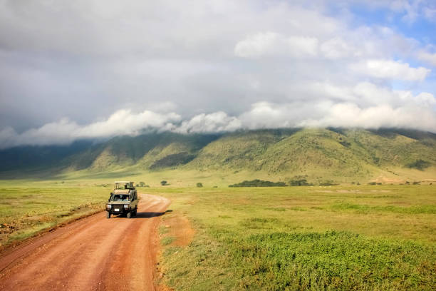 Safari vehicle overlooking Ngorongoro Crater at dawn