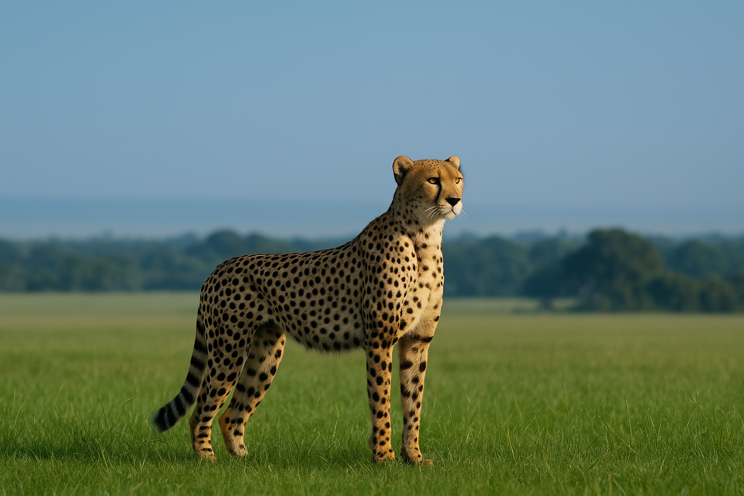 Cheetah standing alert in green Masai Mara grasslands under a clear blue morning sky