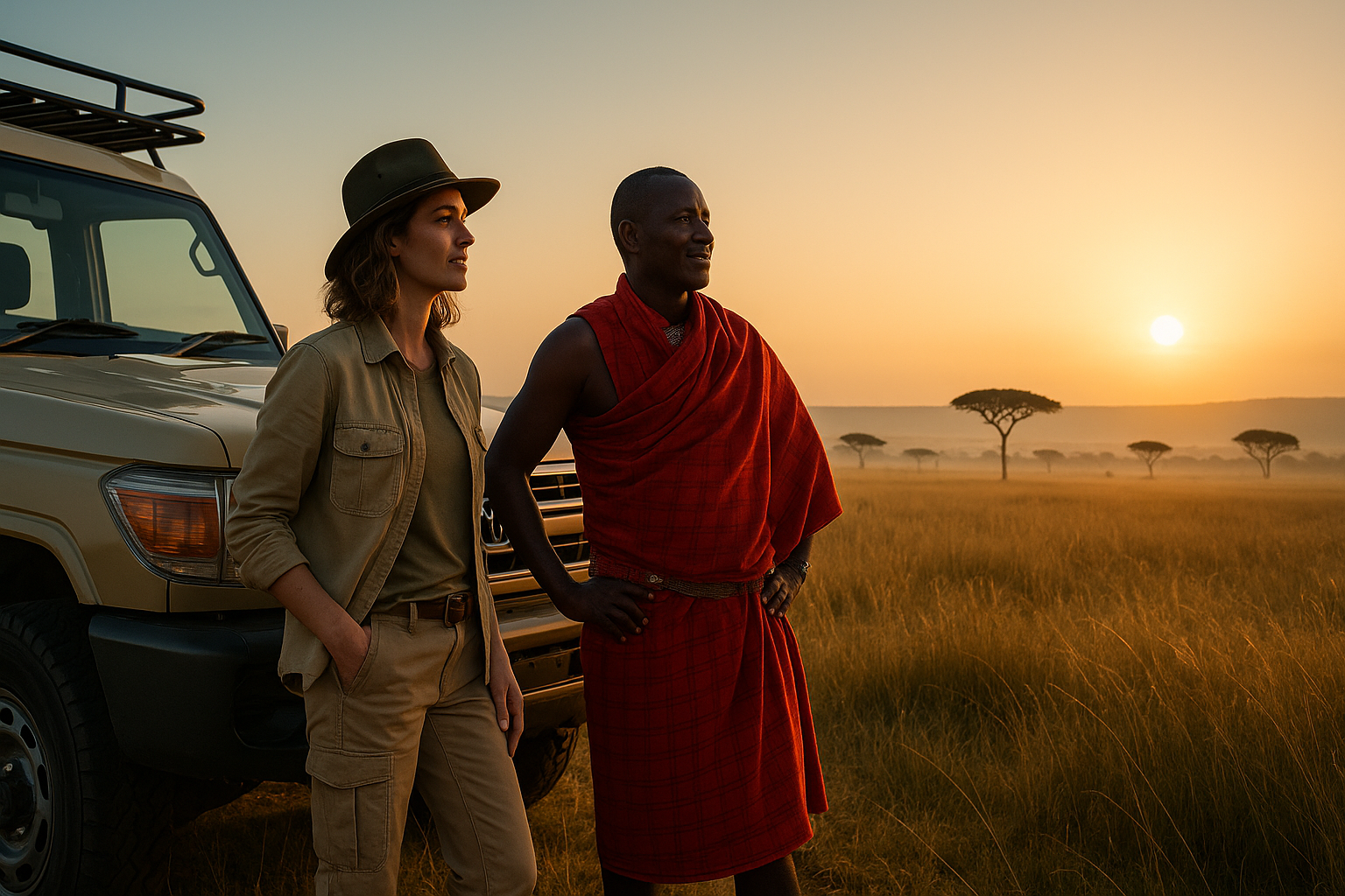 Traveller in neutral safari clothing walking with a Maasai guide — what to wear on safari