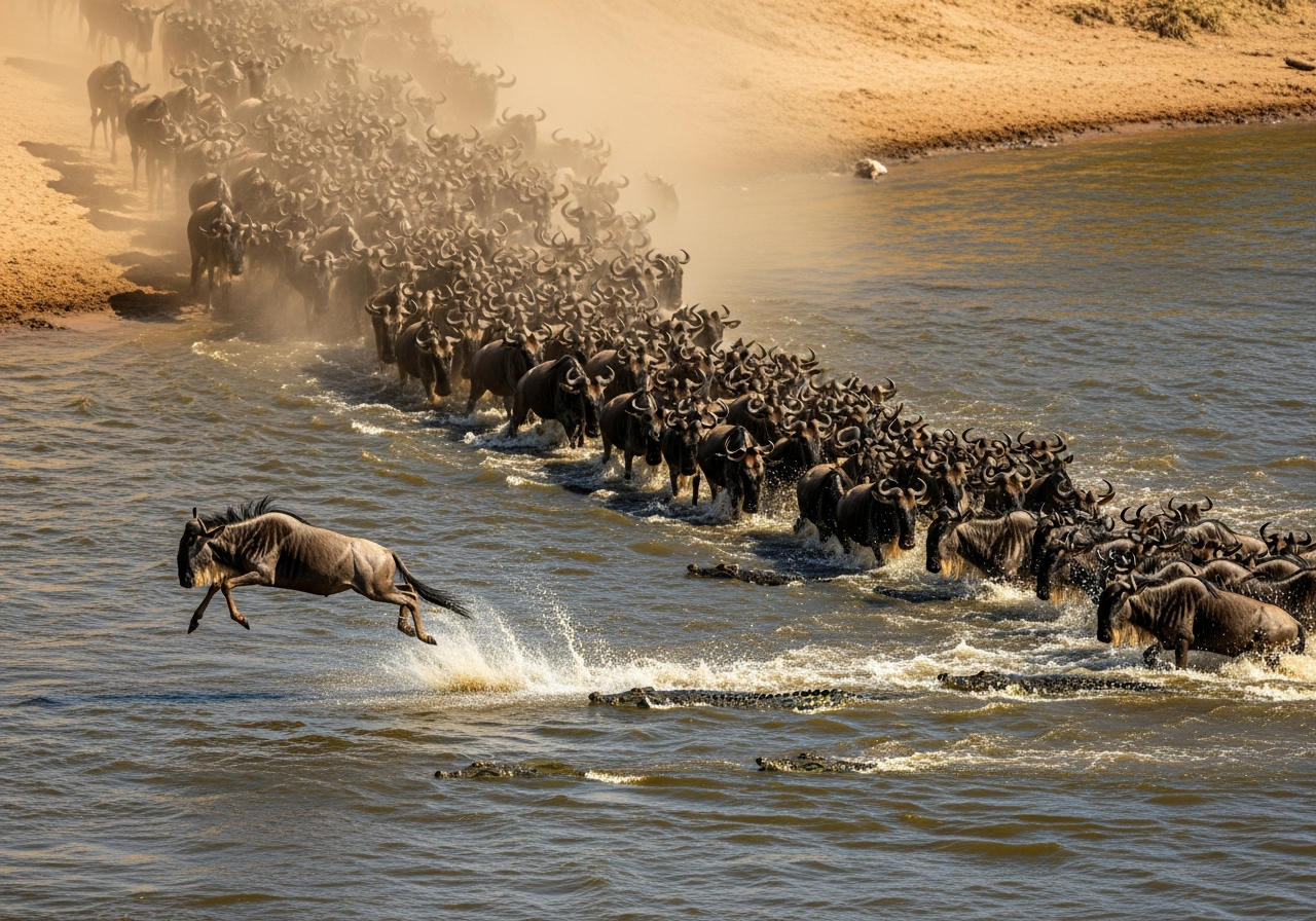 Wildebeest herd crossing the Mara River as crocodiles cut through churning water during the Great Migration