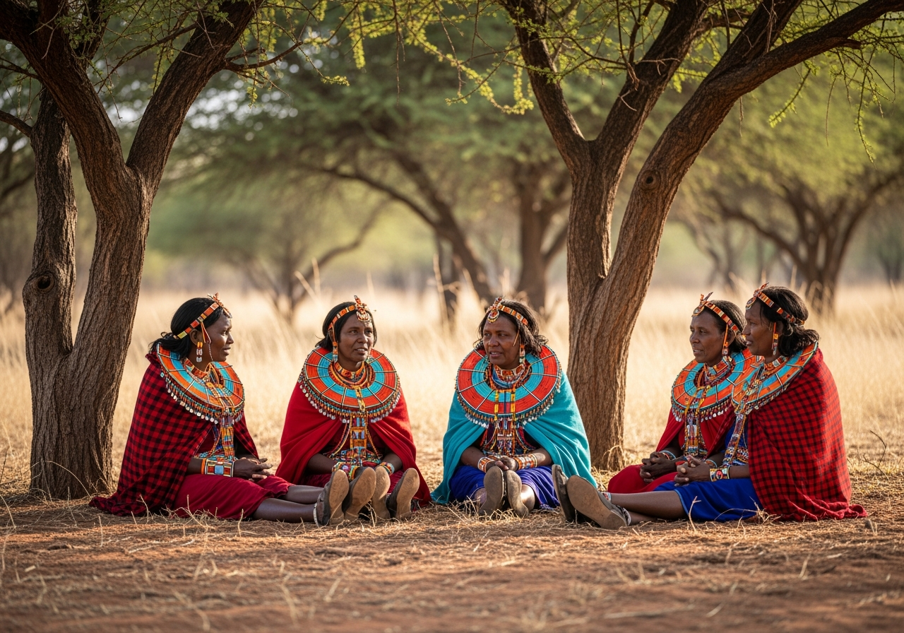 Samburu elders and moran in traditional dress converse under acacia trees in Samburu National Reserve
