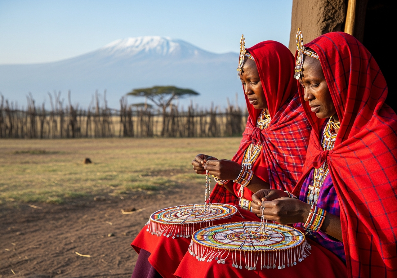 Maasai women in red shukas making beadwork outside an enkang near Amboseli, with Mount Kilimanjaro beyond