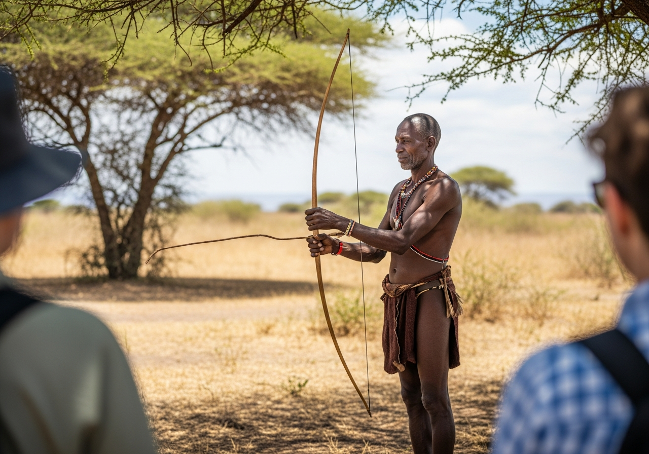 Hadzabe hunter demonstrates a traditional bow in Lake Eyasi dry woodland as travellers listen respectfully