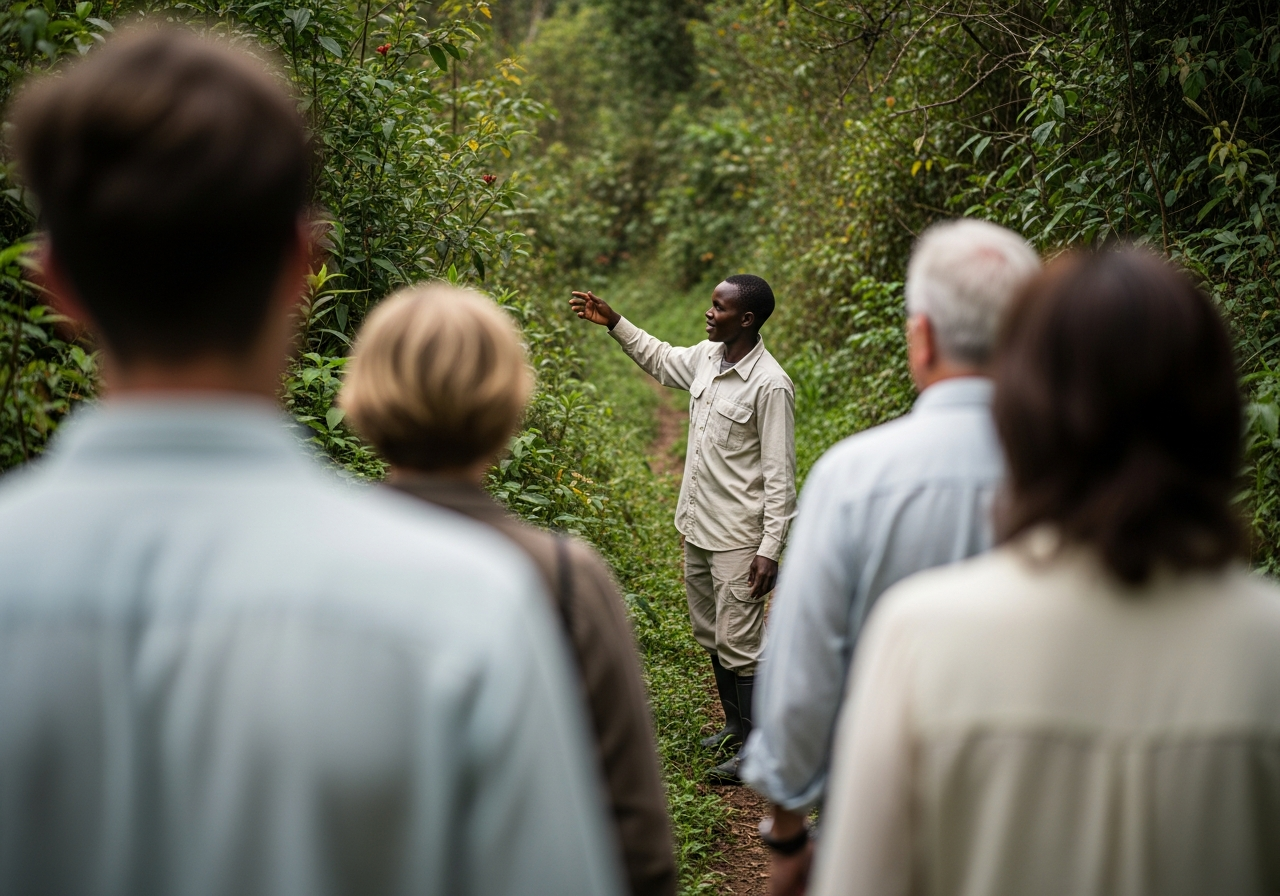 Batwa forest guide leading travellers on a misty rainforest trail near Bwindi Impenetrable Forest, Uganda