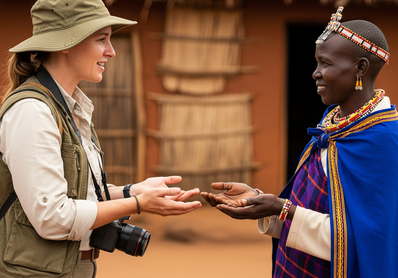 Safari guide lowering a camera to ask a community host for portrait permission during an East African village visit
