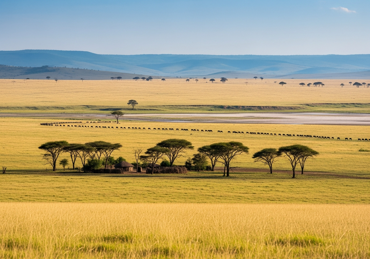 Masai Mara golden grassland with acacia trees, a Maasai homestead and distant wildebeest in dry season light