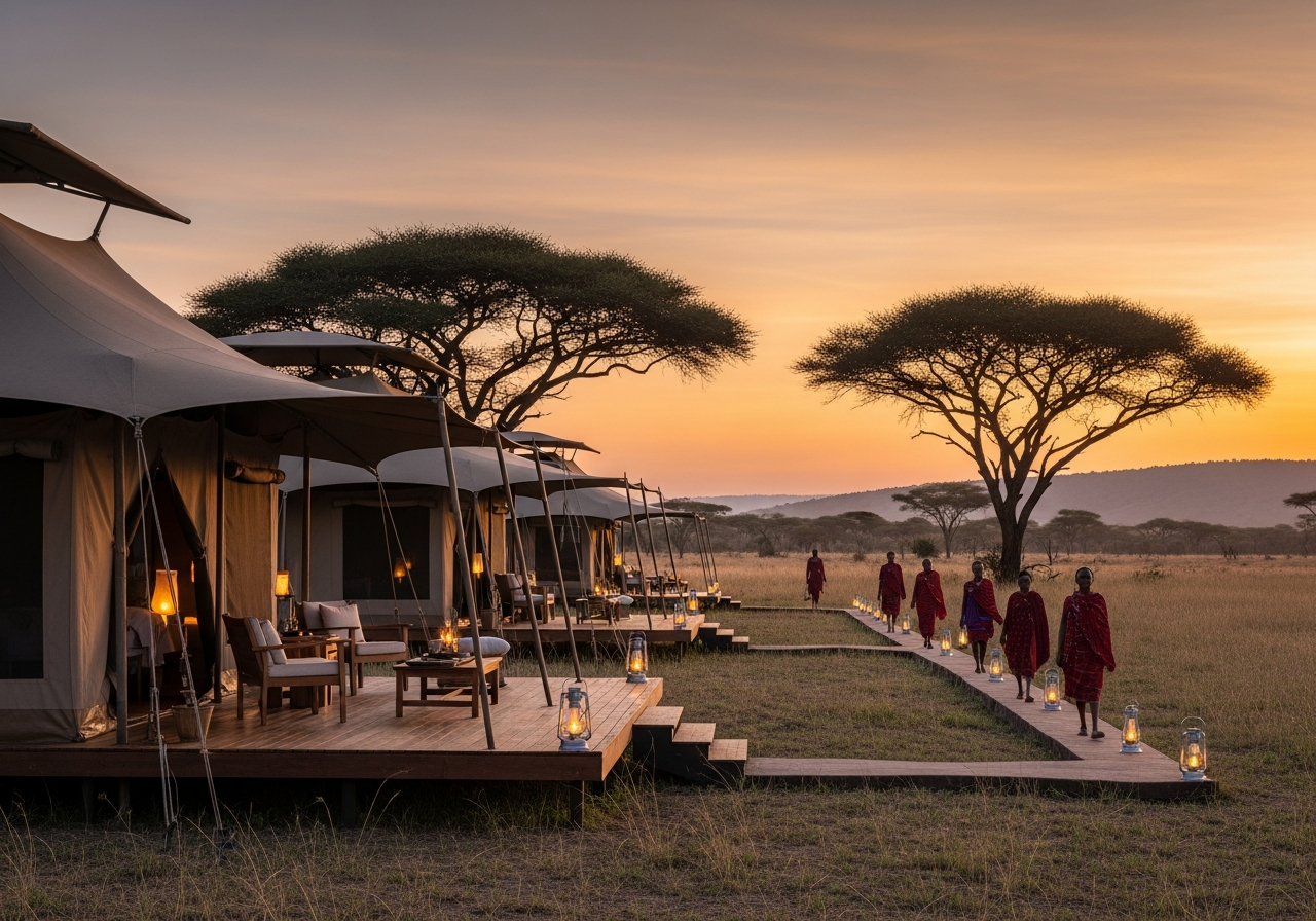 Luxury tented safari camp at sunset with Maasai staff on a lantern-lit path in a private savannah conservancy