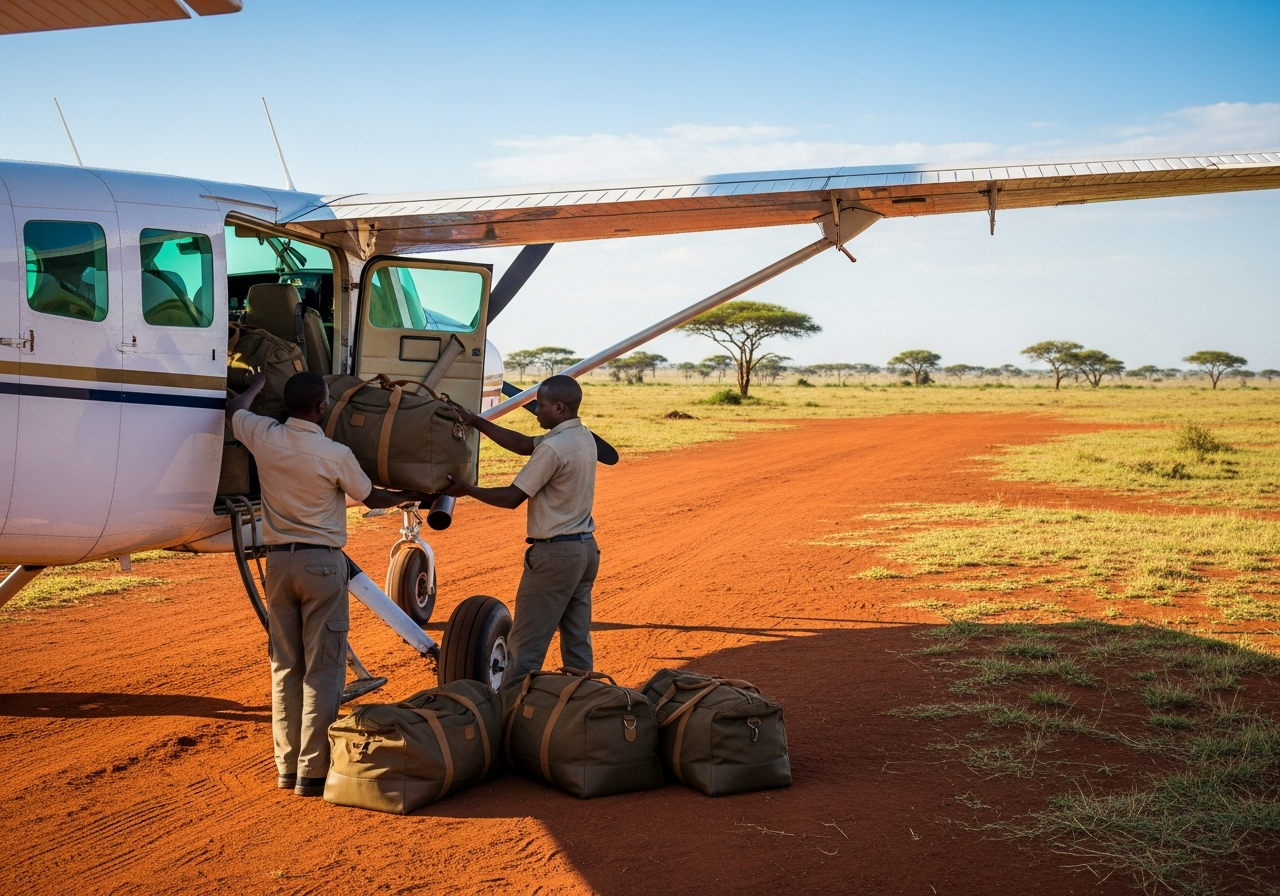 Bush aircraft on a red-dirt Masai Mara airstrip as crew load soft safari luggage under a clear morning sky