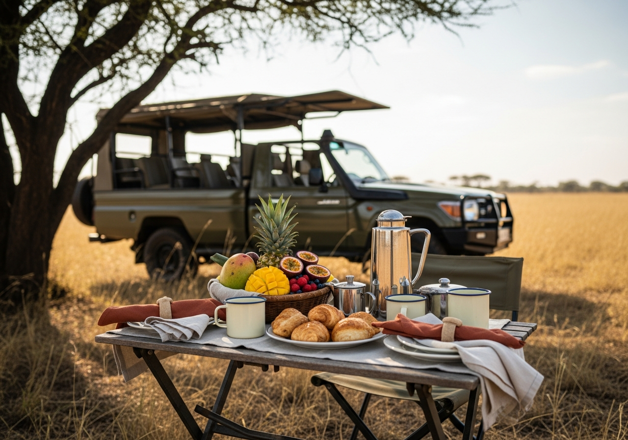Bush breakfast with enamel cups, fruit and pastries beside a safari Land Cruiser under an acacia in Kenya