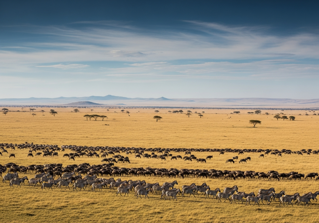 Zebra and wildebeest herds cross Serengeti grasslands under a vast blue sky, with distant kopjes and acacias
