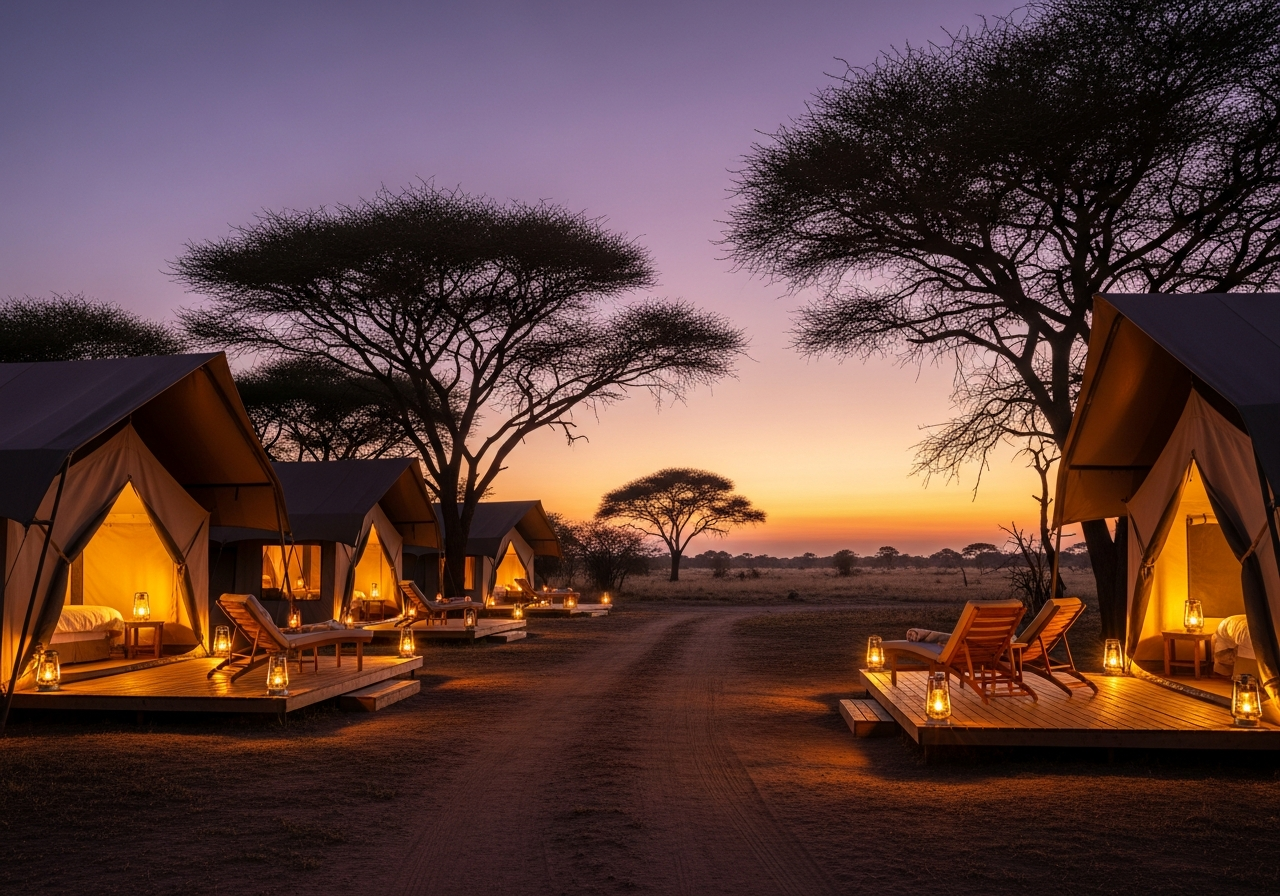 Luxury tented safari camp glowing at dusk with acacia silhouettes, deck chairs and violet-orange savannah sky