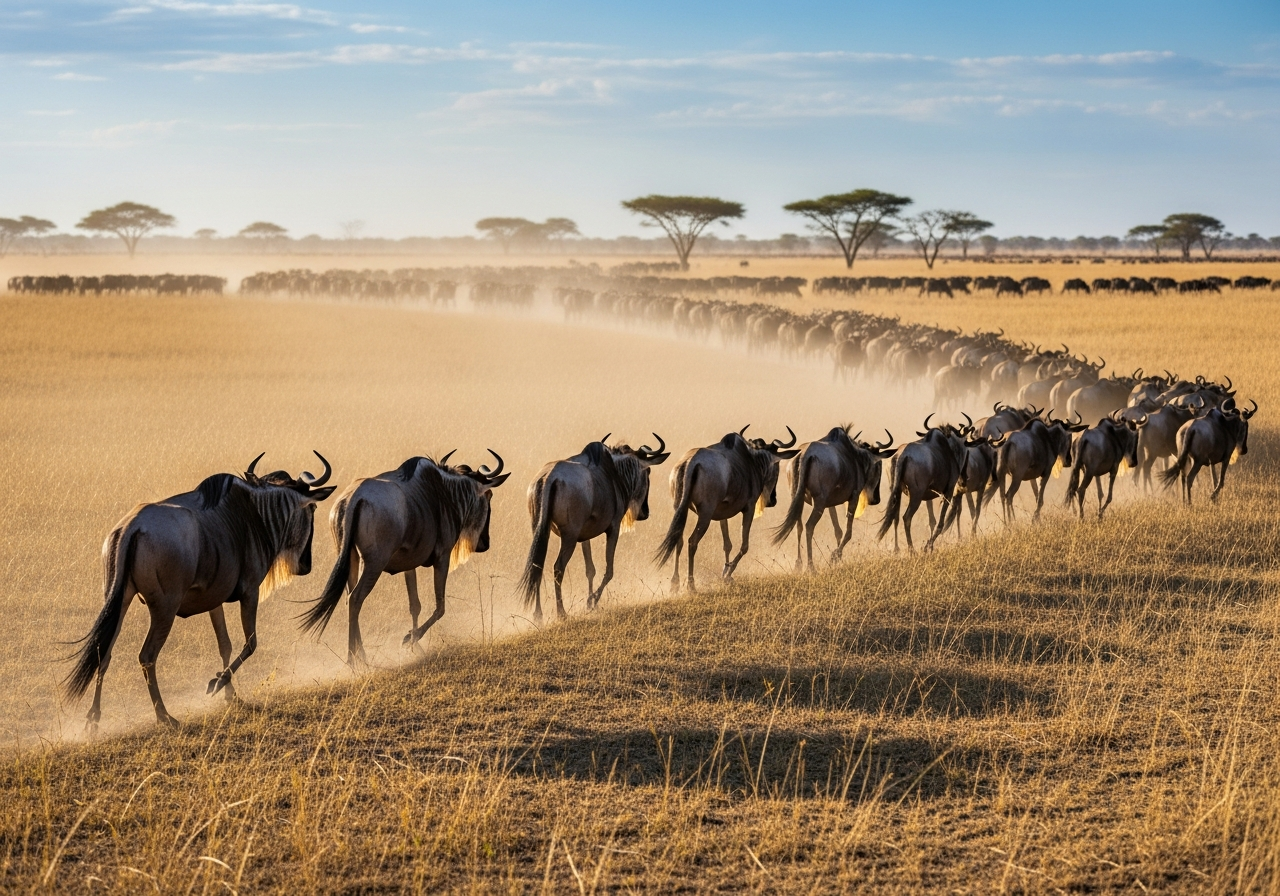 Wildebeest herd crossing dry Serengeti-Mara grassland in golden light with acacia silhouettes and dust