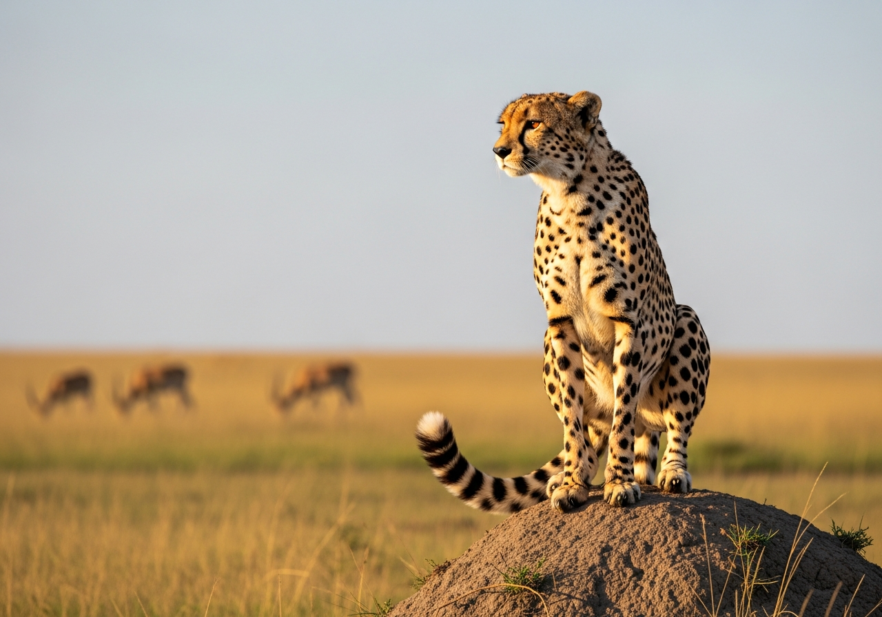 Cheetah standing alert on a termite mound at sunrise, scanning the short-grass plains of East Africa
