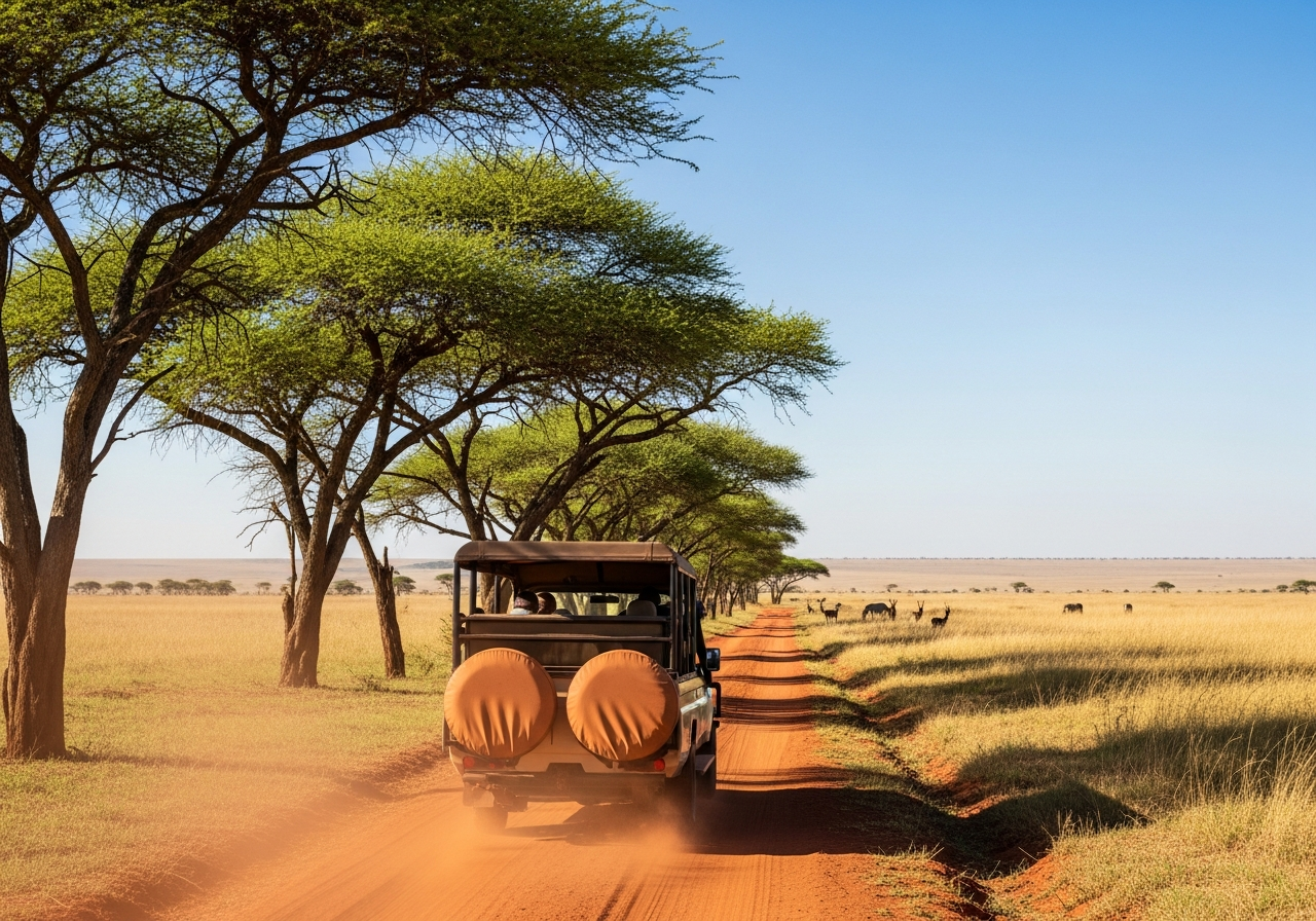Open 4x4 safari vehicle drives along a red-earth acacia track with distant zebra and antelope on sunny plains