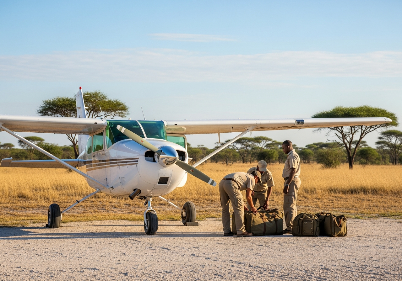 White bush plane on a remote safari airstrip with guides and luggage beside open savannah