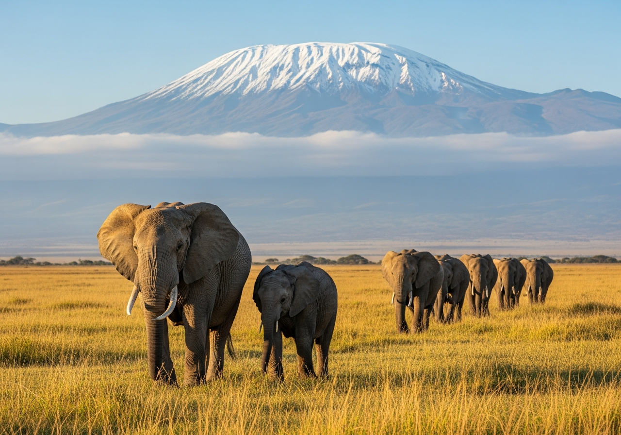 Elephant family crossing Amboseli plains with a calf, Mount Kilimanjaro rising through morning cloud