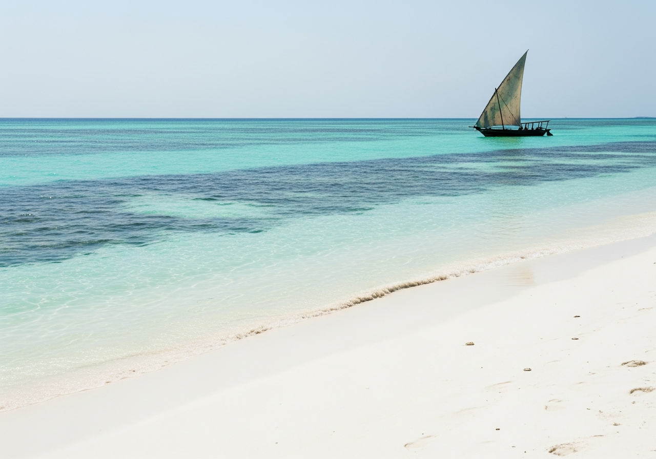 Traditional dhow sailing off a pristine Zanzibar beach with white sand, turquoise water and a clear tropical horizon