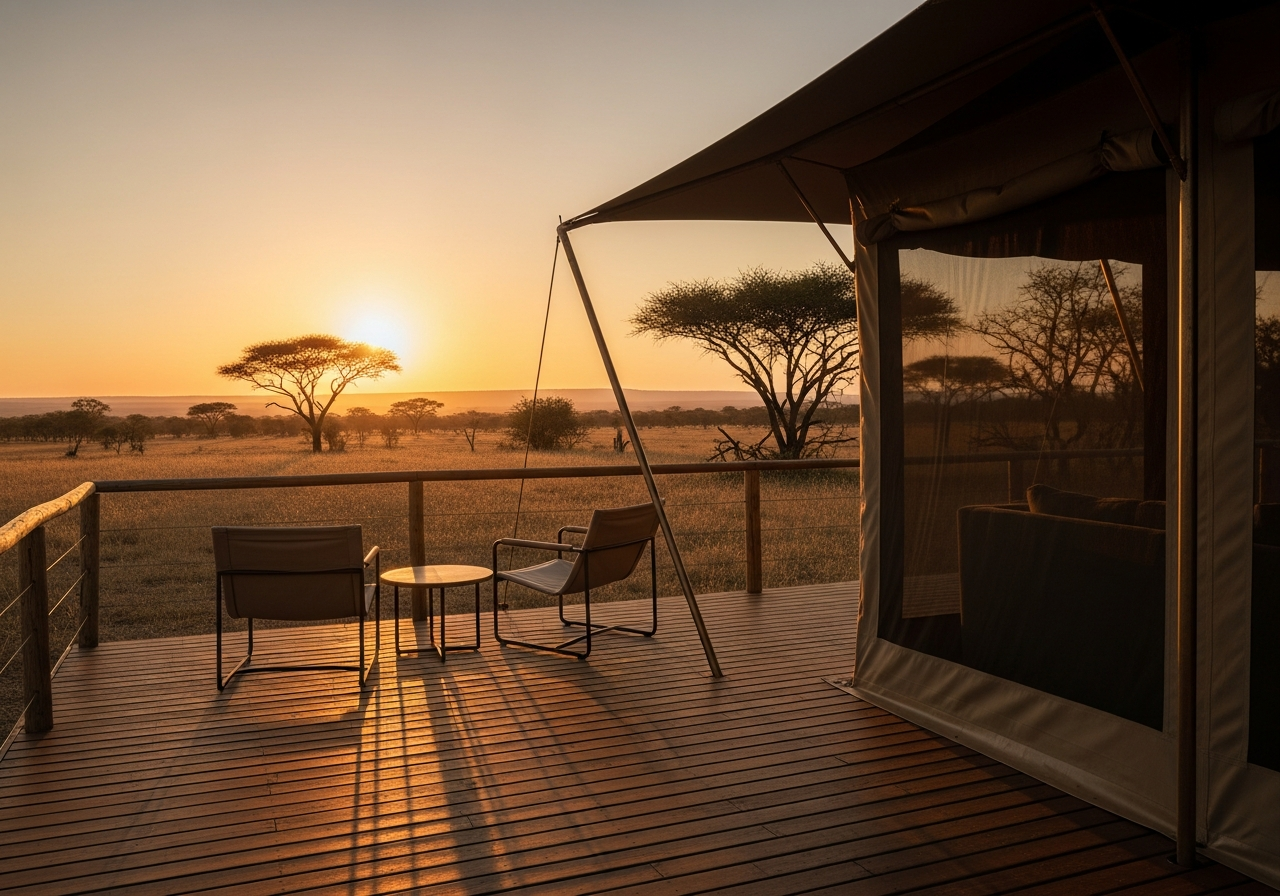 Luxury tented safari camp deck with lounge chairs overlooking golden savannah at sunset