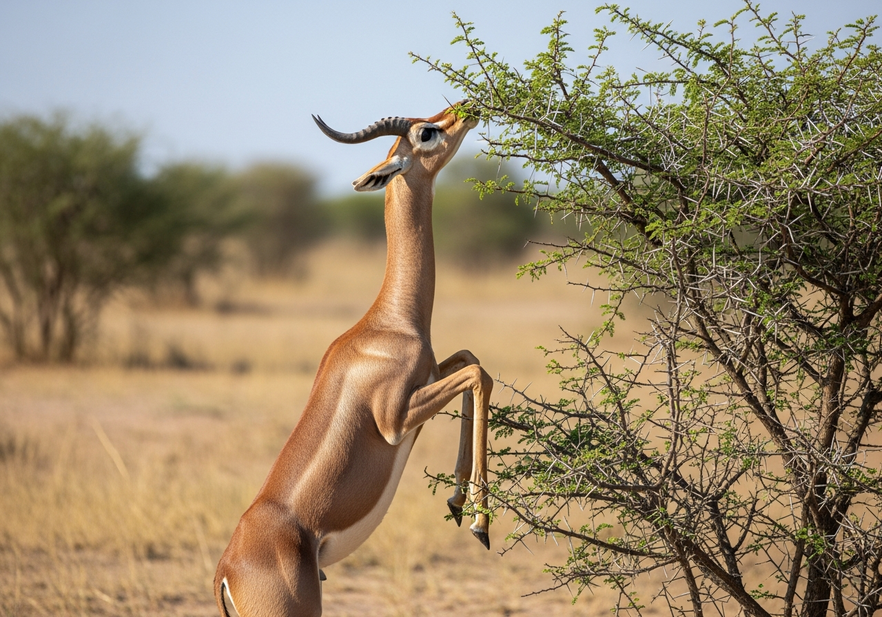 Gerenuk standing on hind legs to browse acacia leaves in Samburu National Reserve, Kenya
