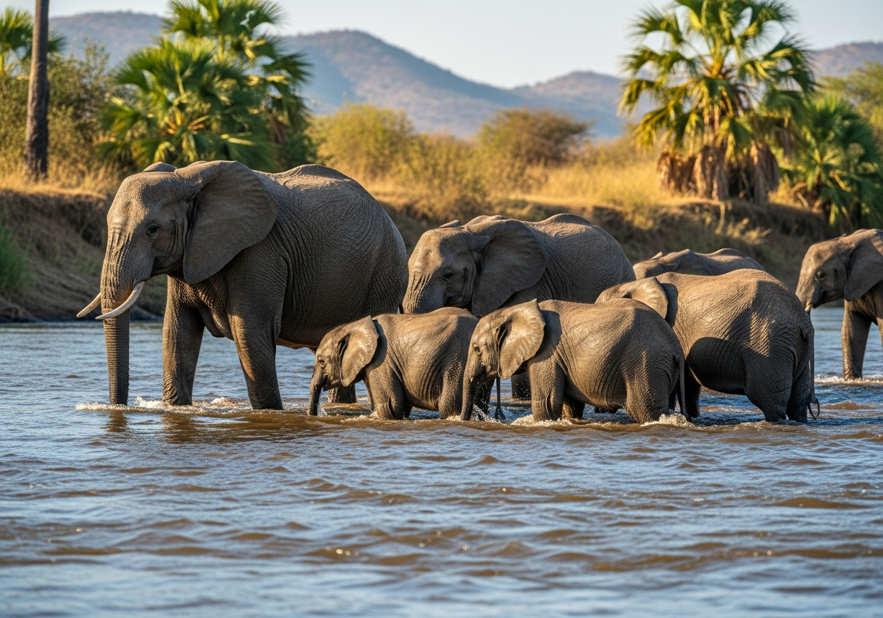 Elephant herd crossing the Ewaso Ng'iro River in Samburu, with calves sheltered by females under warm afternoon light