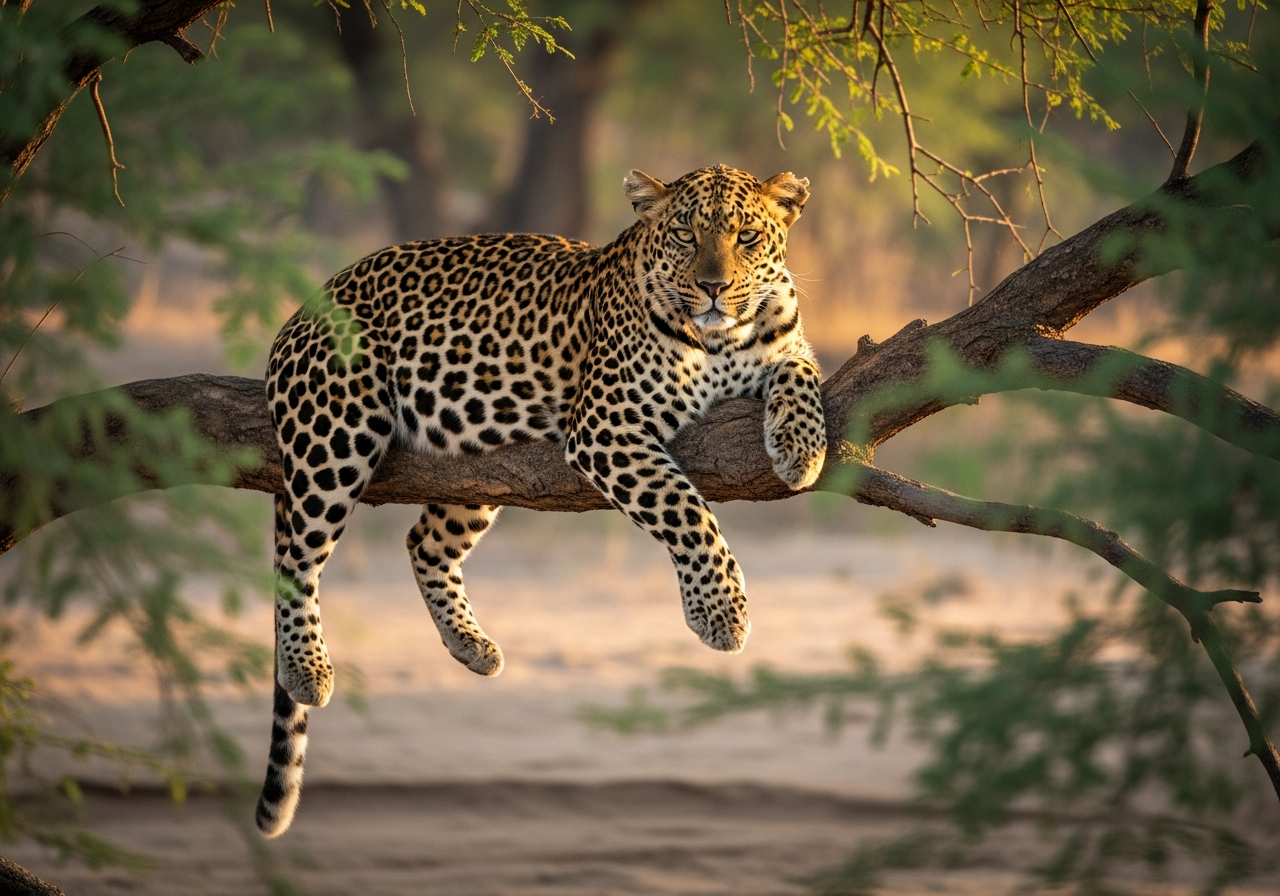 African leopard resting on an acacia branch at dawn in Samburu National Reserve, framed by soft riverine foliage