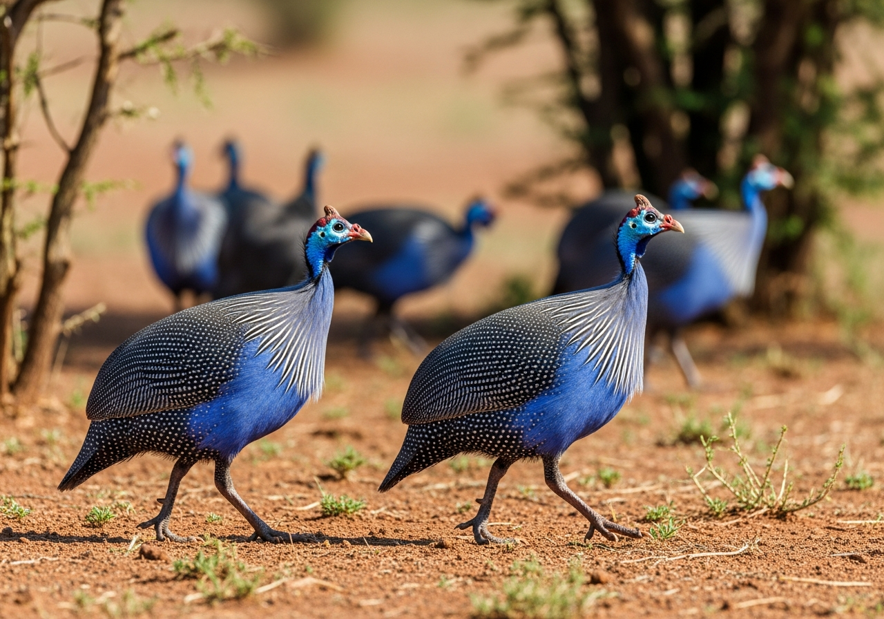 Vulturine guineafowl with cobalt chests walking through dry Samburu scrub in northern Kenya