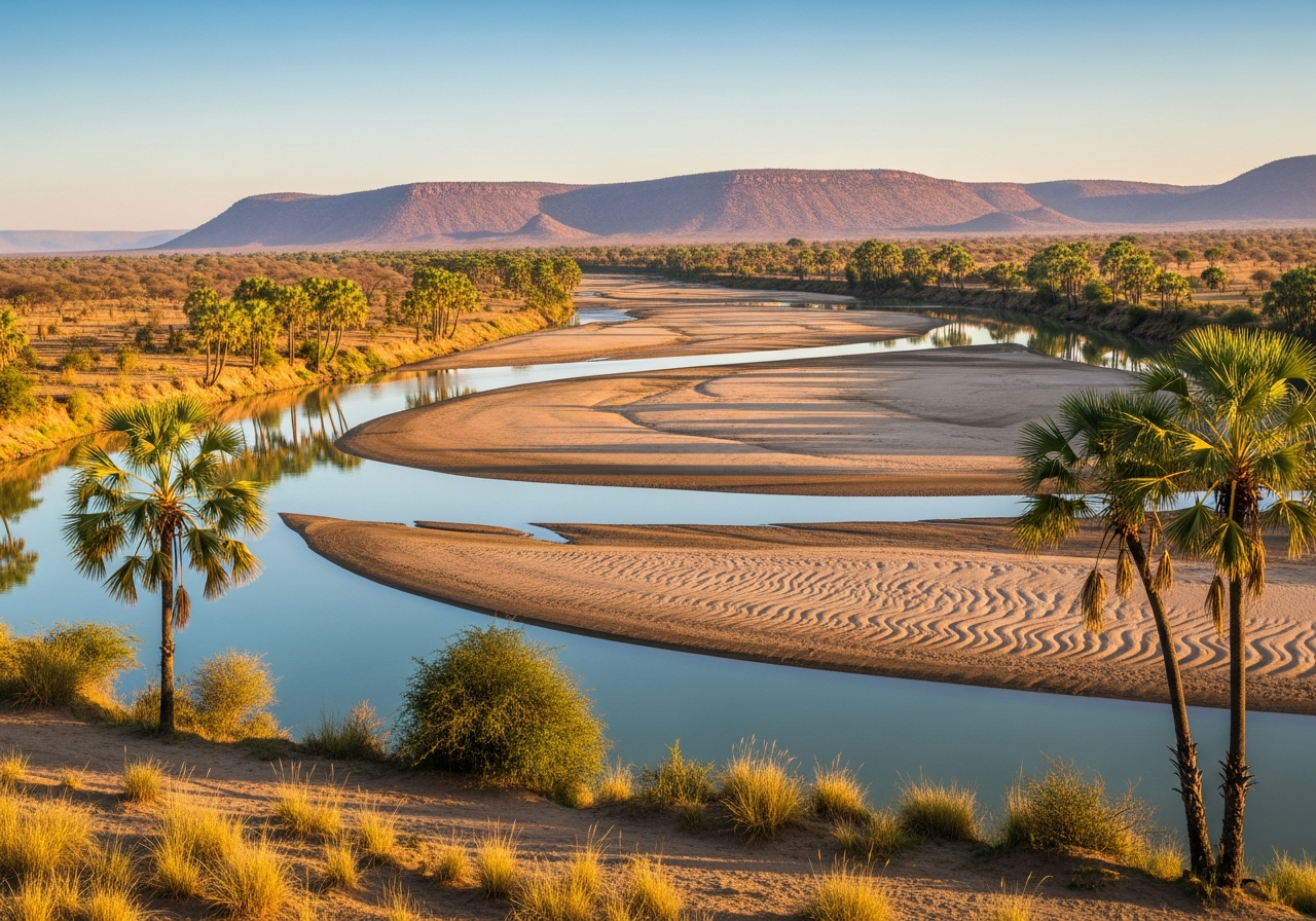Ewaso Ng'iro River loops through doum palms and sandbanks at sunrise, with Samburu hills beyond