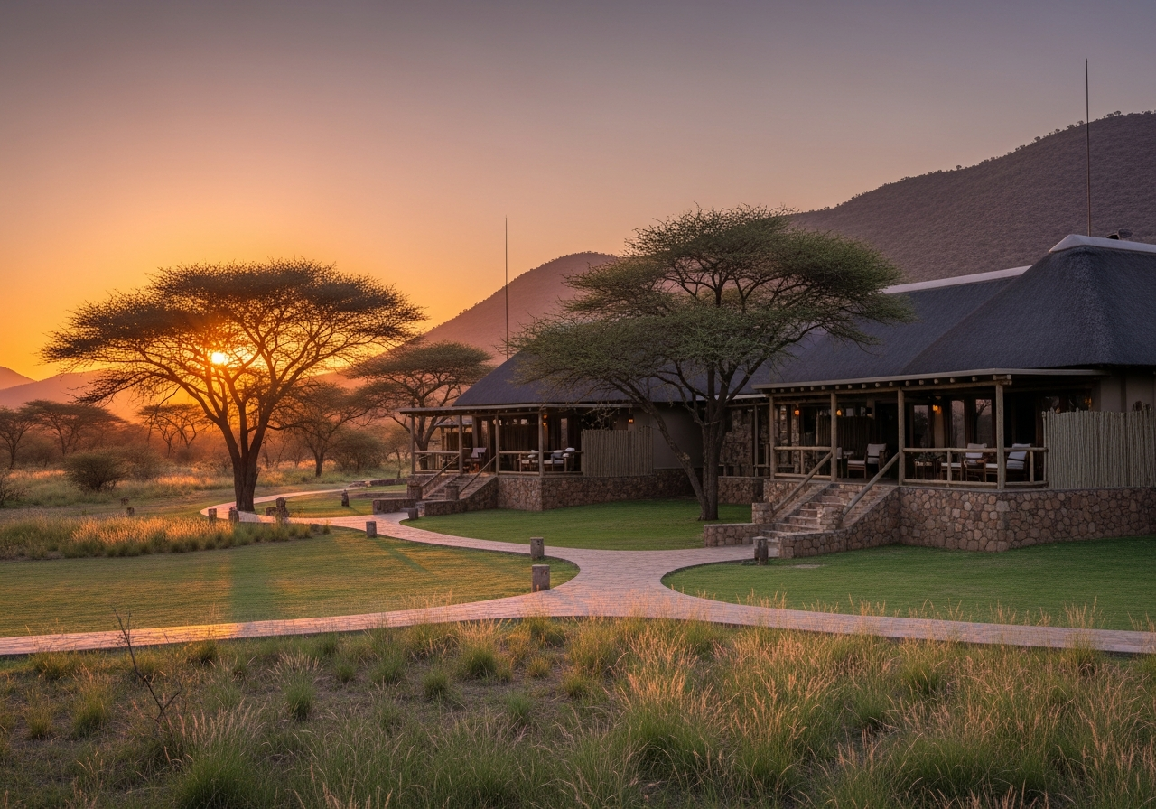 Samburu safari lodge at sunset among acacia trees, with thatched roofs, warm verandas and dusky arid hills