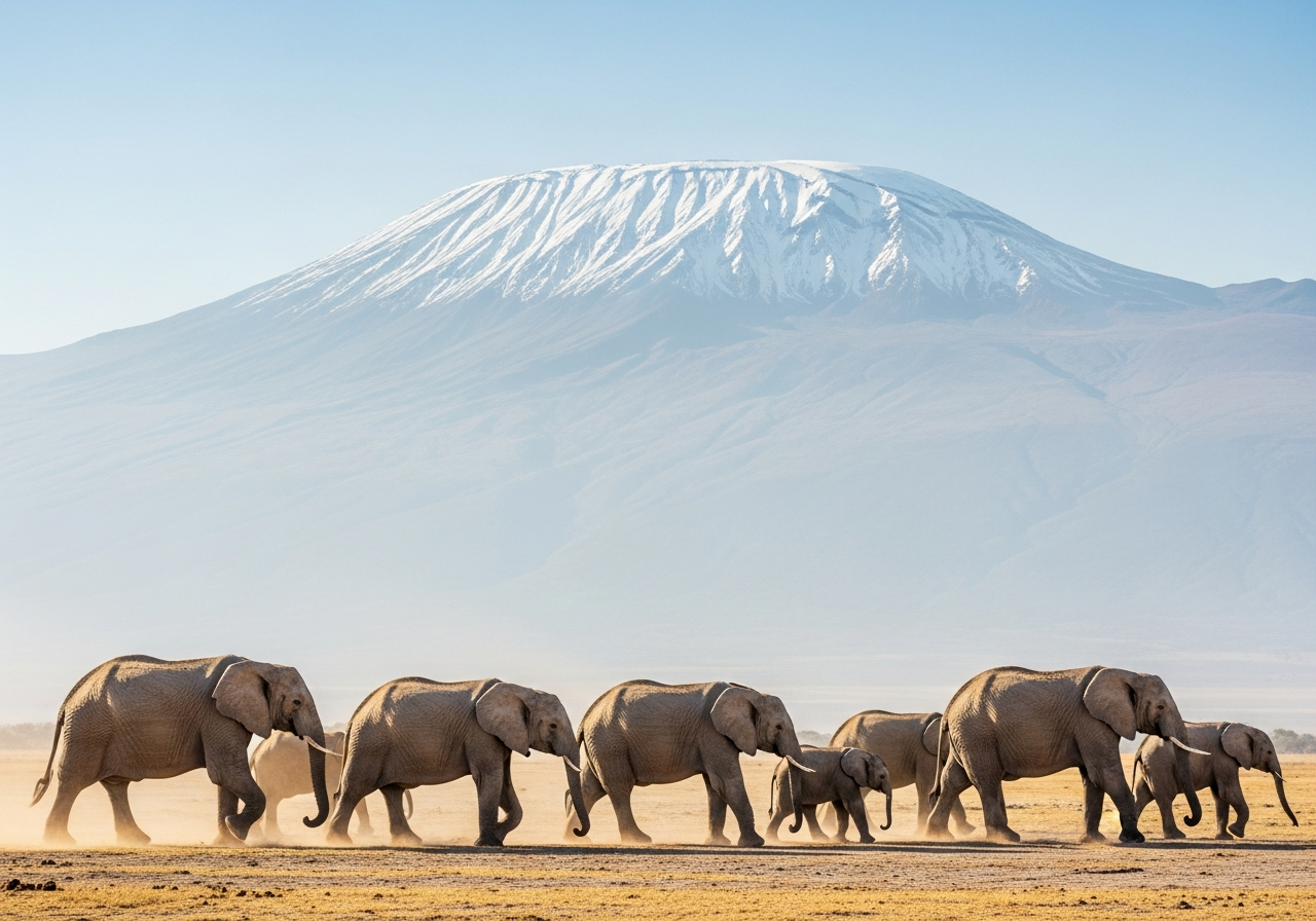 Elephants crossing Amboseli dry plains at sunrise with snow-capped Mount Kilimanjaro in the background