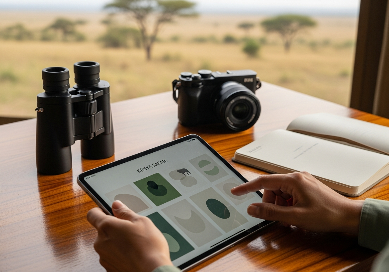 Hands reviewing a Kenya safari itinerary on a tablet beside binoculars, camera and linen notebook in warm lodge light