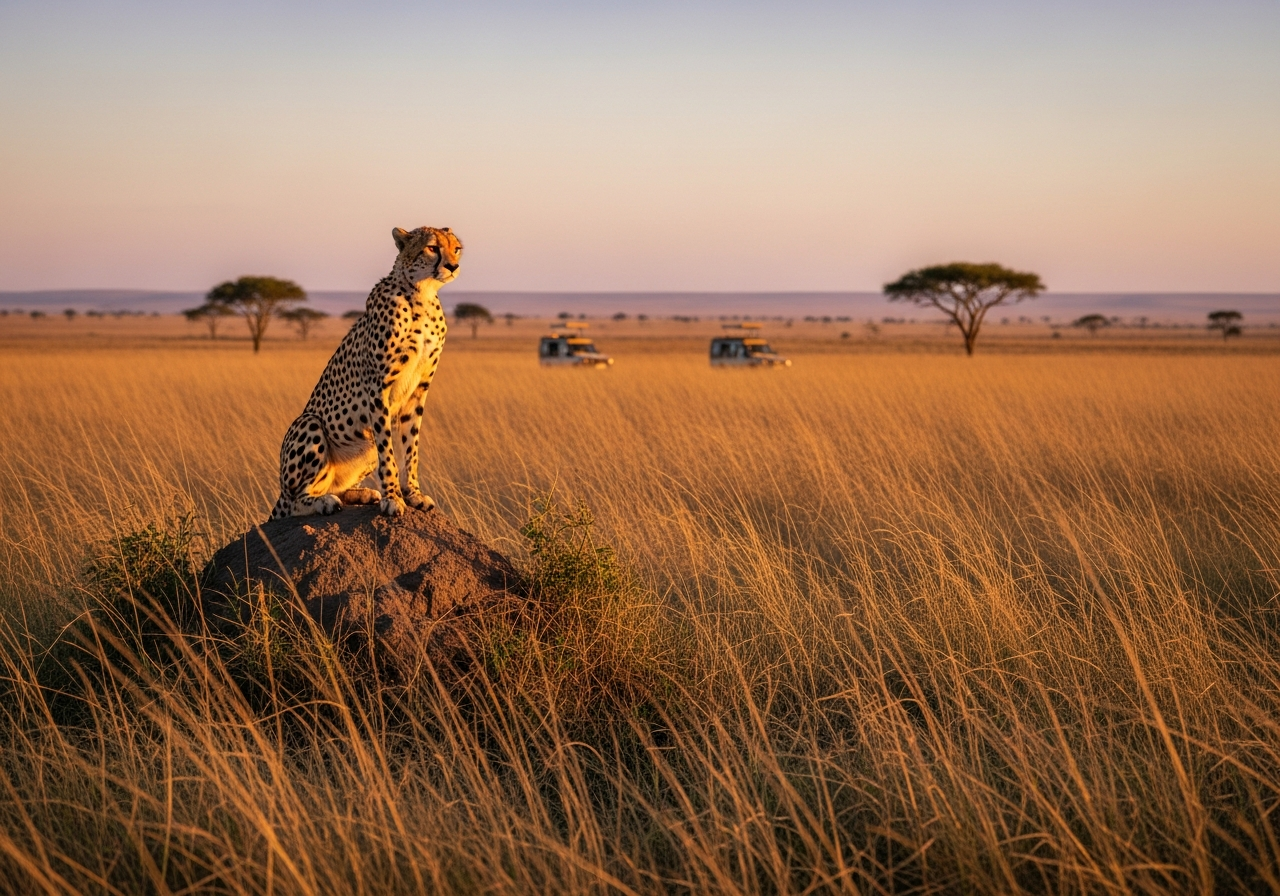 Cheetah on a termite mound scans Masai Mara grassland at golden hour with distant safari vehicles and acacias