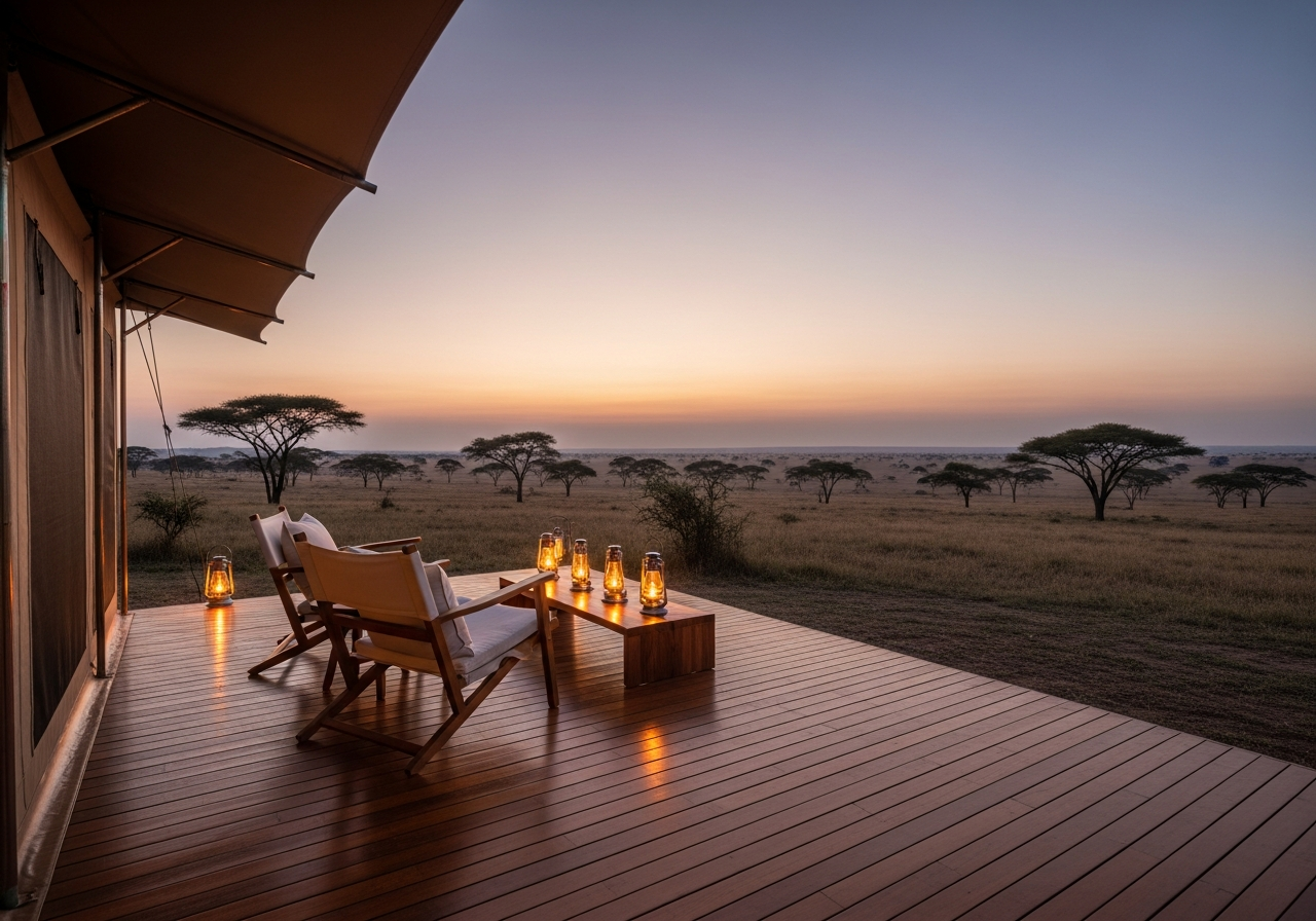 Luxury tented safari camp deck with lanterns overlooking the Kenyan savannah at dusk