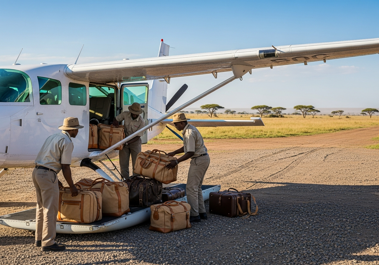 Small safari aircraft with luxury luggage and ground crew on a remote Masai Mara airstrip