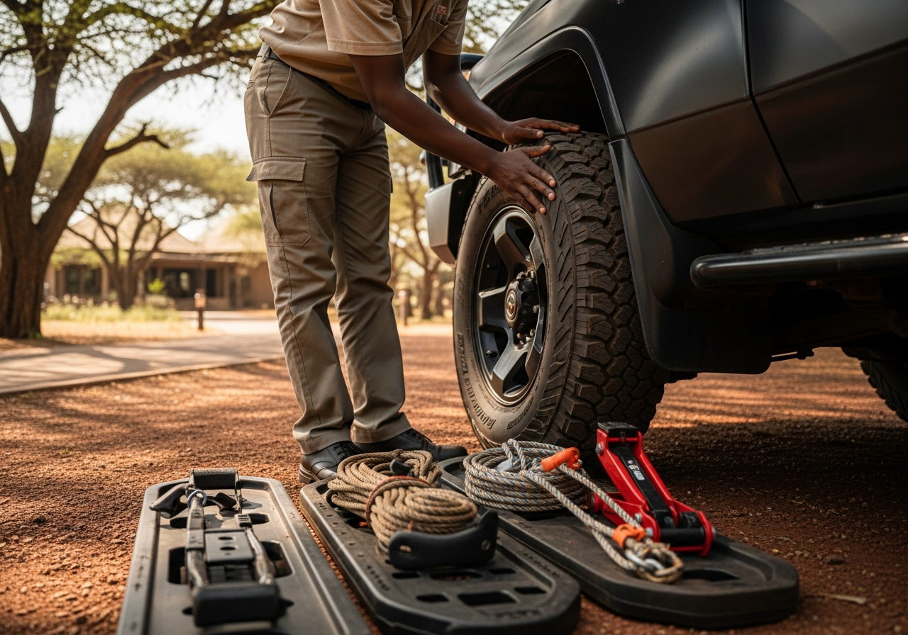 Safari guide checks a rugged 4x4 tyre beside recovery boards, tow rope and jack before an East African departure