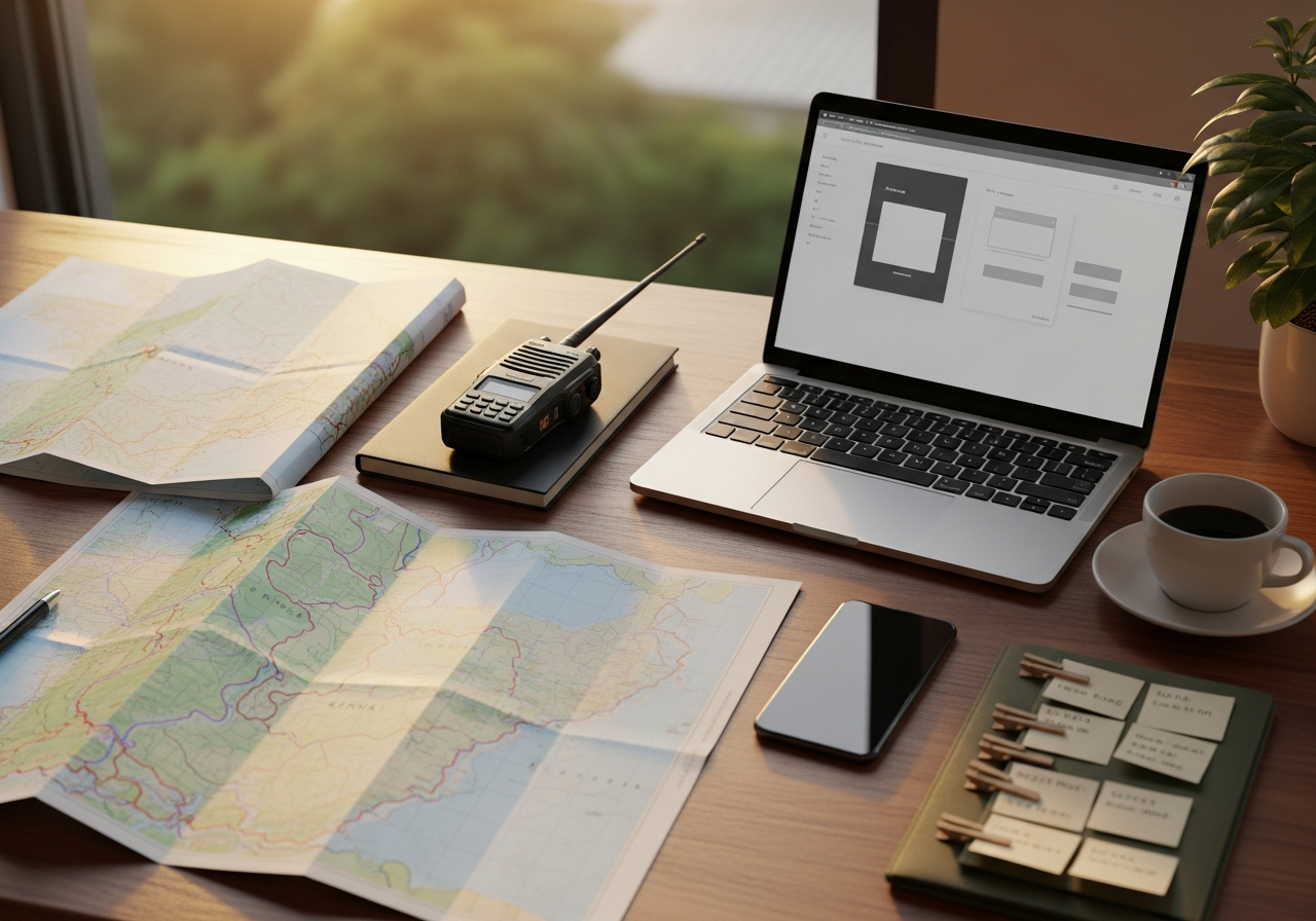 Nairobi safari operations desk with route maps, radio, laptop and coffee in soft dawn light