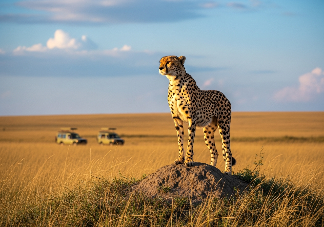 Cheetah stands alert on a sunlit termite mound in the Masai Mara, with distant safari vehicles across tawny plains.