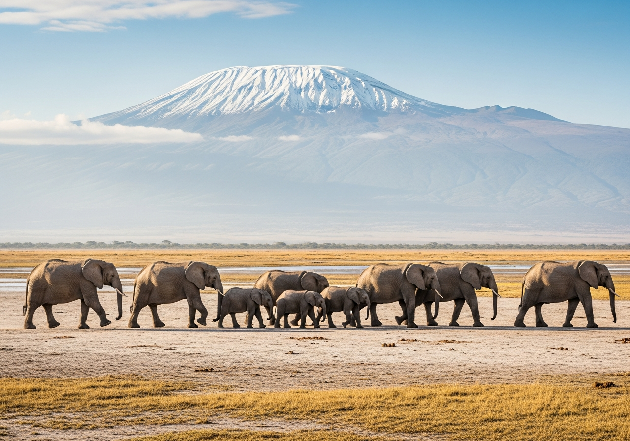 Elephant herd with calves crossing Amboseli plains beneath Mount Kilimanjaro in clear early morning light