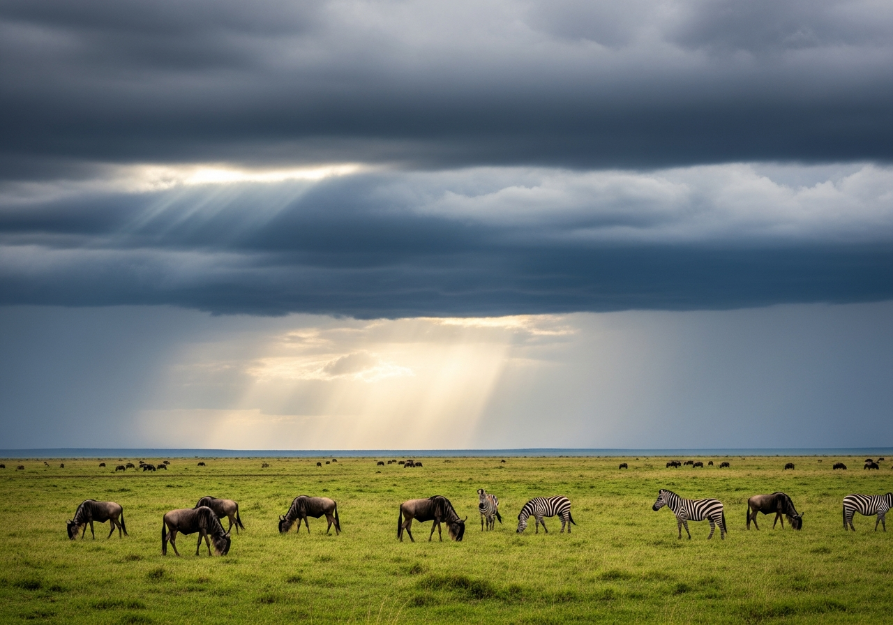 Wildebeest and zebra graze on emerald Kenya savannah beneath dramatic rain clouds and silver sunlight