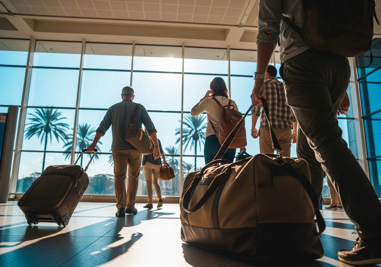 Safari travellers with duffel bags walking through a bright modern Nairobi airport toward the exit