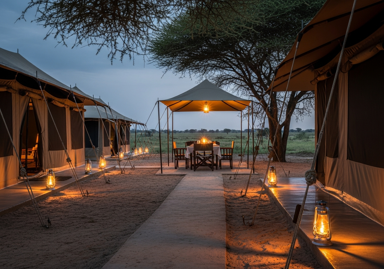 Lantern-lit dining table and canvas tents at a Kenyan safari camp at twilight, framed by acacia branches.