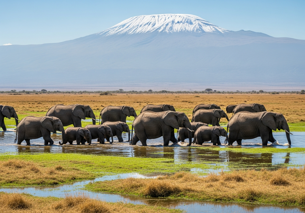 Amboseli elephants walking beneath Mount Kilimanjaro