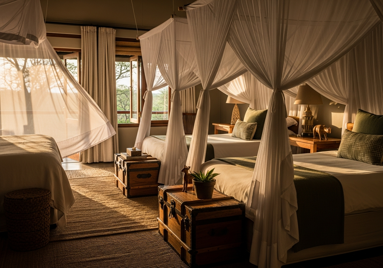 Family safari lodge suite overlooking a waterhole