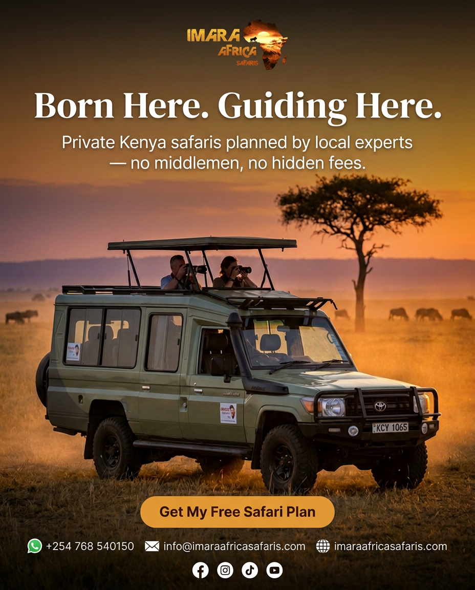 Kenyan safari guide explaining wildlife tracks from a 4x4 vehicle