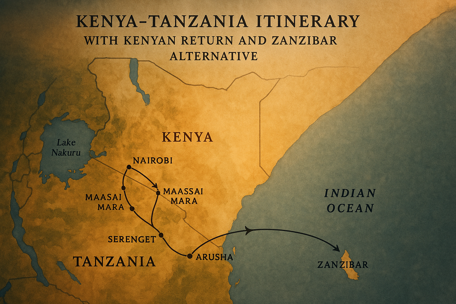 Illustrative Kenya–Tanzania itinerary with a Kenyan return and Zanzibar alternative